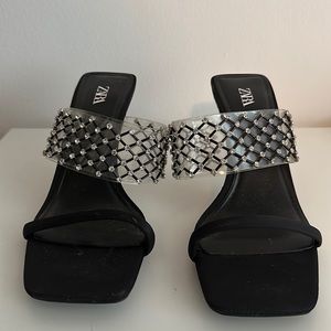 Zara black and rhinestone jeweled heel sandal